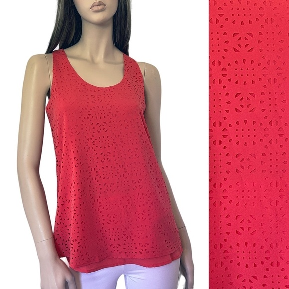 Jeanne Beker Top Tank Blouse Laser Cut Design Sleeveless Cheater Cut Pullover - Picture 3 of 12